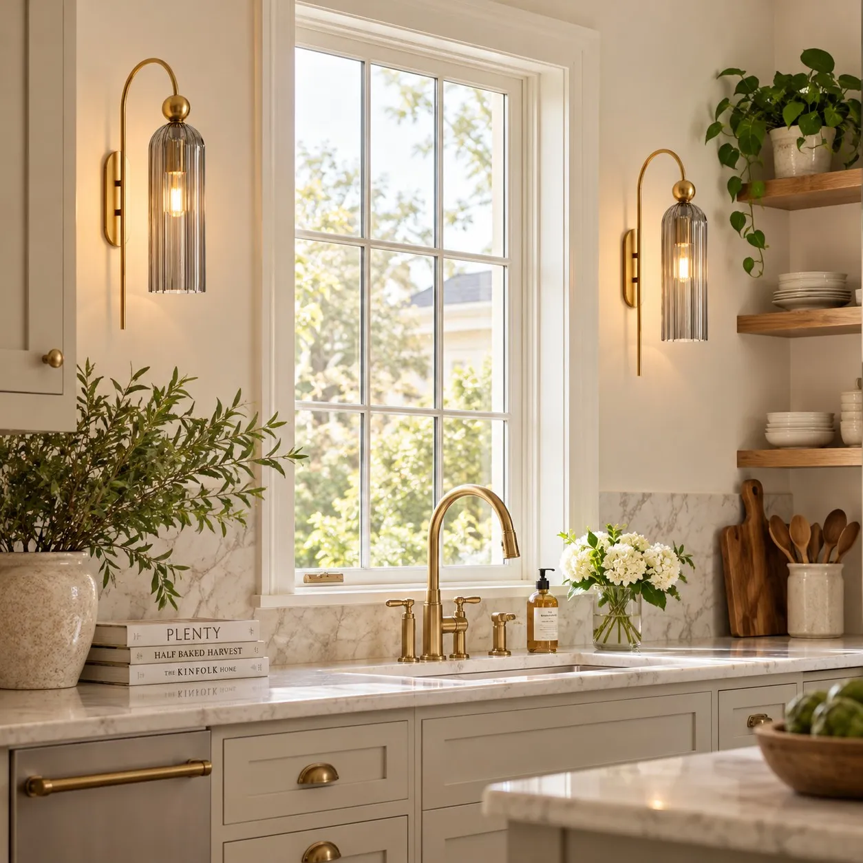 Gray glass Avenlo sconces beside a kitchen window with gold-tone fittings