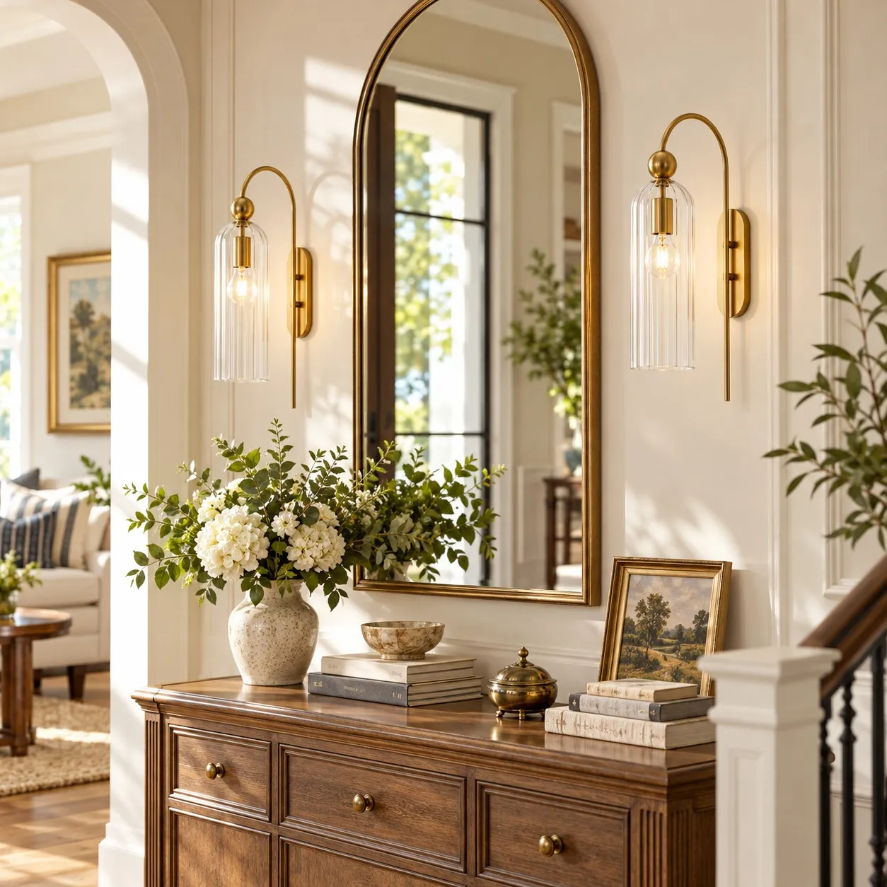 Clear fluted glass Avenlo sconces beside an arched mirror above a hallway console