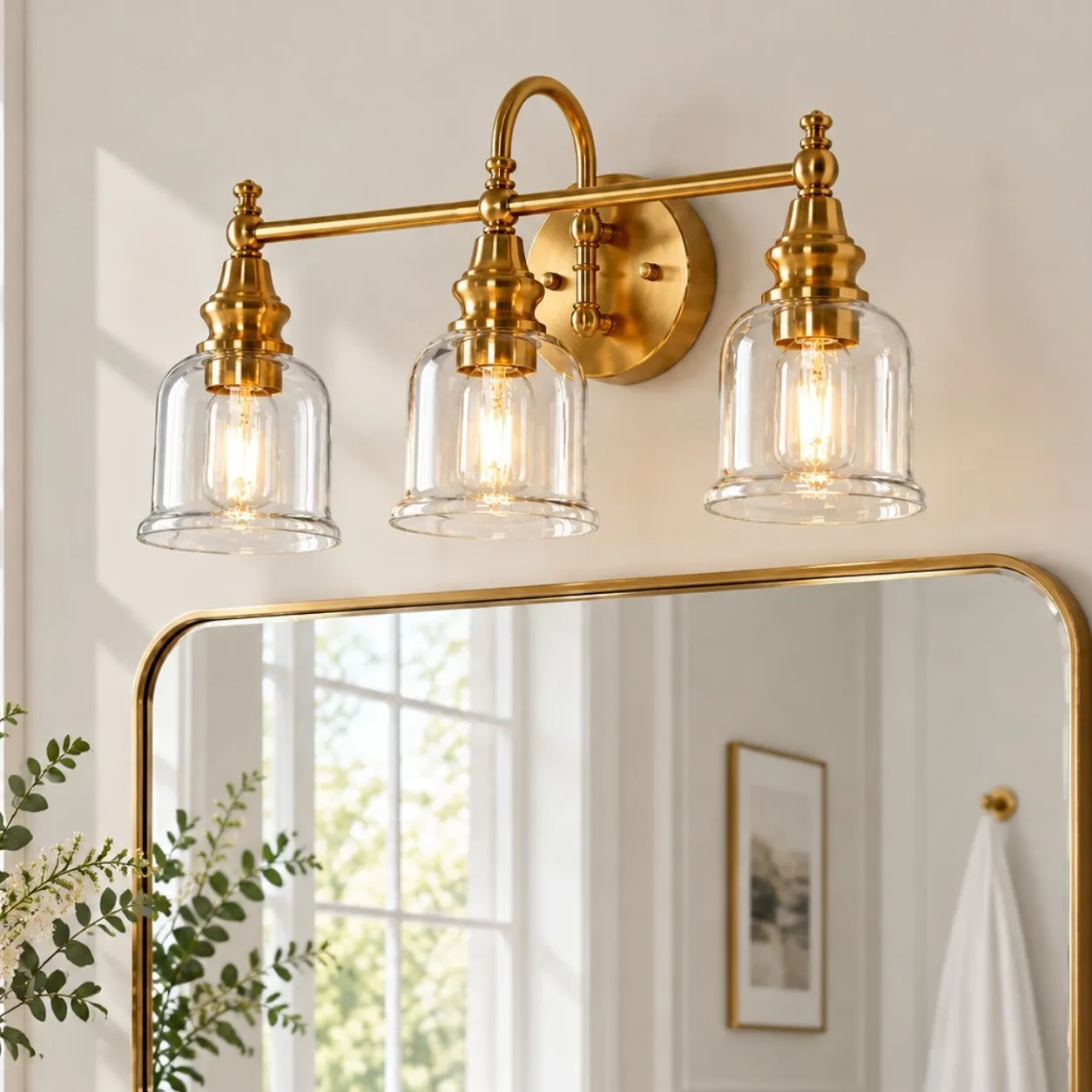 Cassiel three-light vanity sconce above a mirror