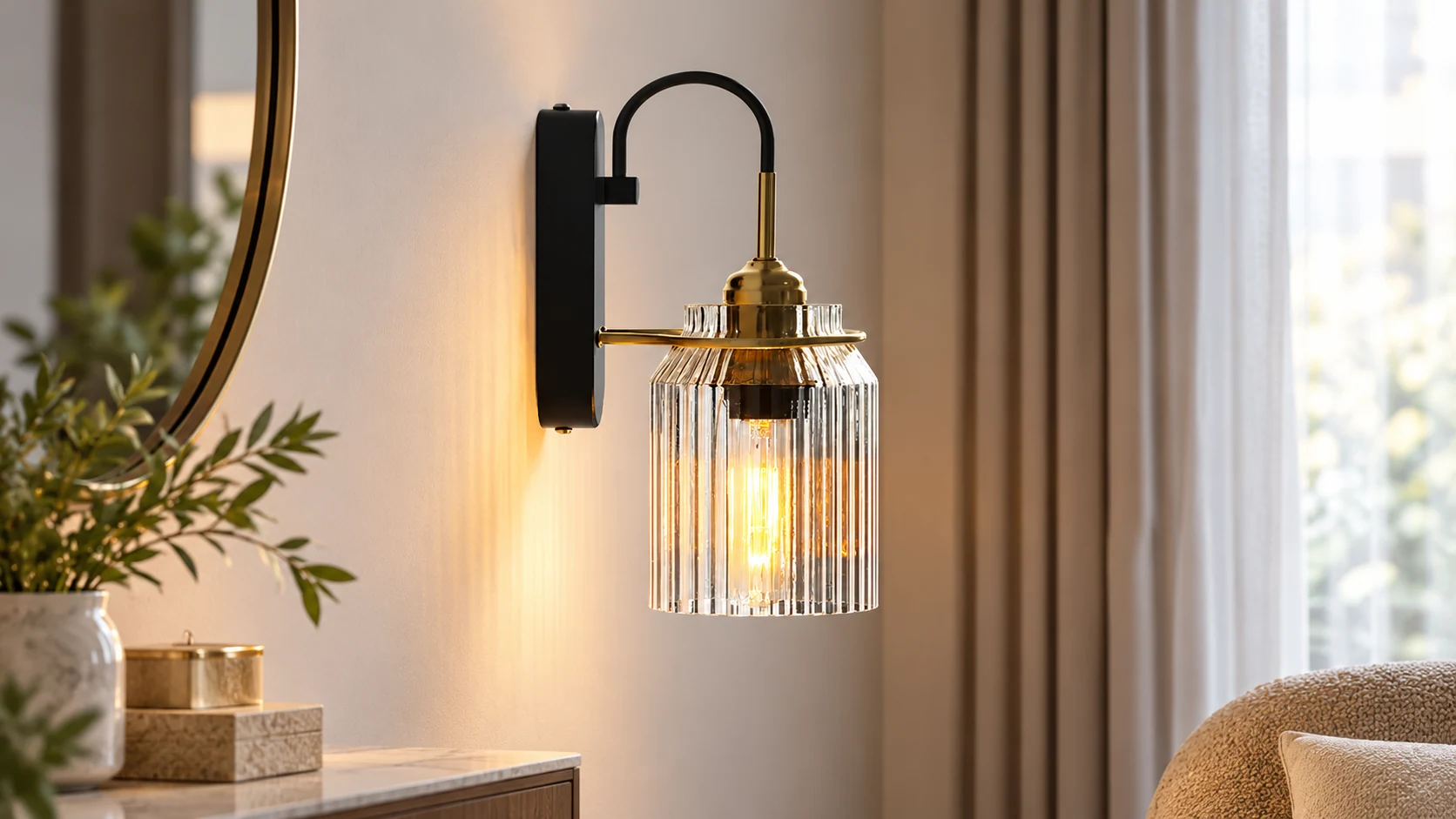 Nordic lantern-style wall lamp with textured glass illuminated in an interior setting