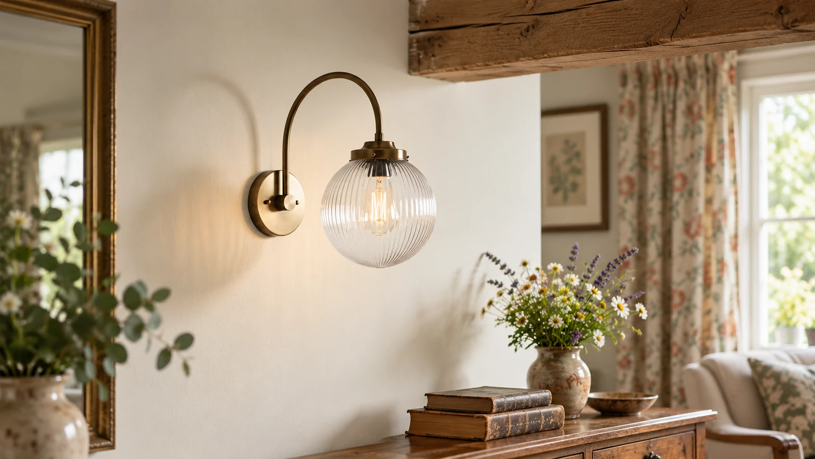 Glorica aged brass wall sconce with ribbed clear glass shade in an interior setting