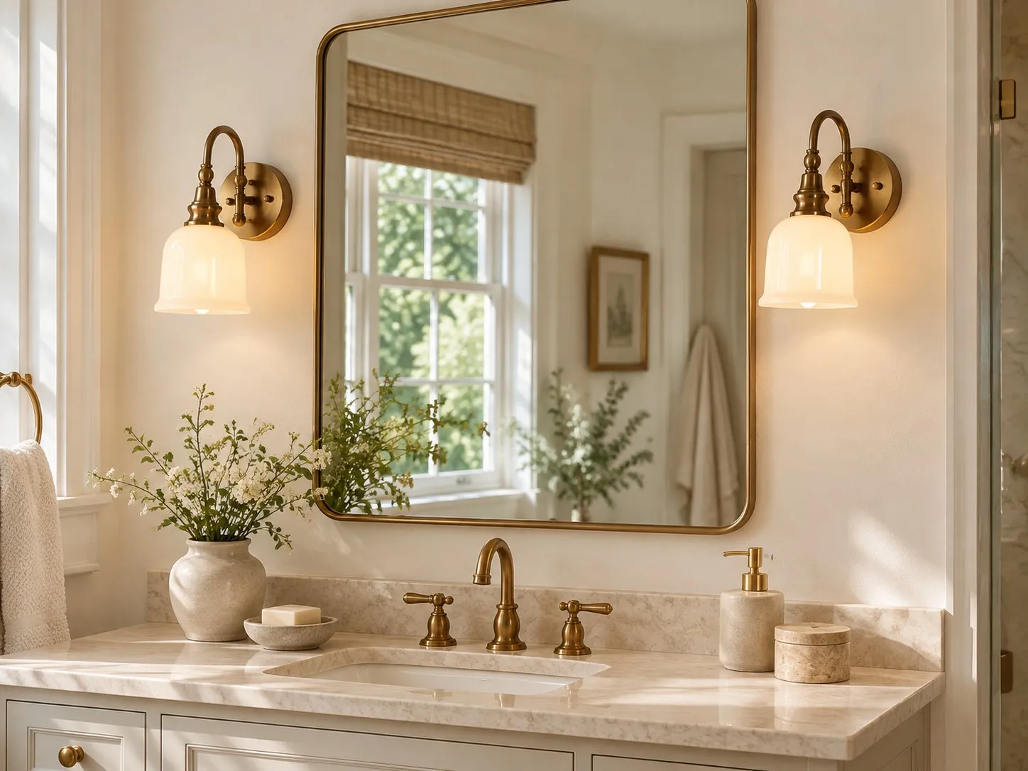 Cassiel armed vanity sconces beside a bathroom mirror