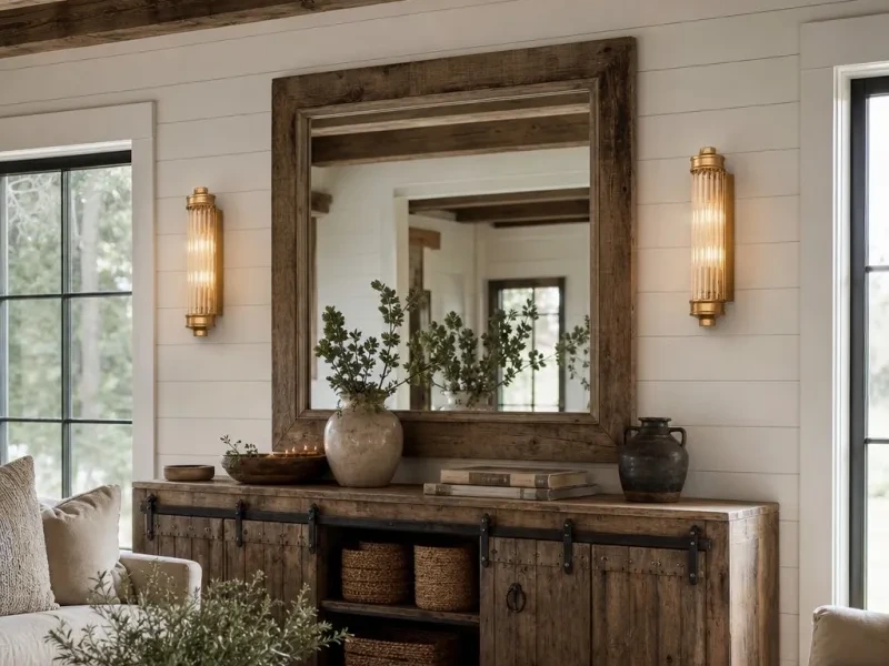 Bravira Brass wall sconces beside a mirror in a farmhouse living room