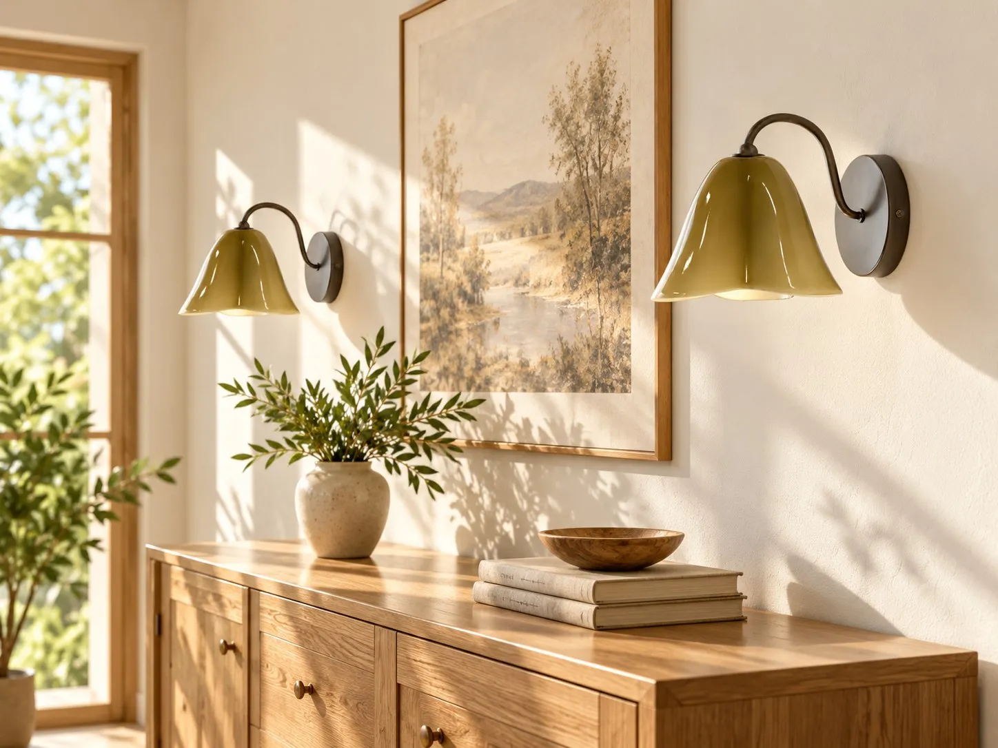 Bellina wall sconces with colored glass shades beside framed artwork above a wooden console