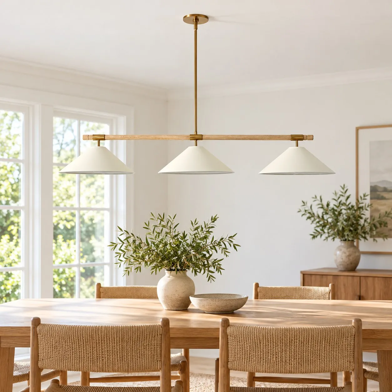 Devon linear chandelier with three ivory parchment shades above a dining table
