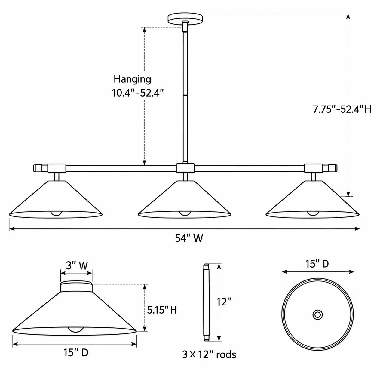 Dimension drawing: 54 inch width, 15 inch depth, overall height 7.75 to 52.4 inches, shade 3 by 15 by 5.15 inches