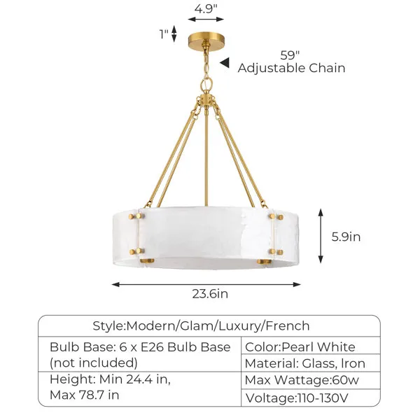 Pearl White dimension sheet: 4.9 inch canopy, 1 inch canopy height, 59 inch chain label, 5.9 inch shade height, 23.6 inch width, minimum 24.4 inch and maximum 78.7 inch height