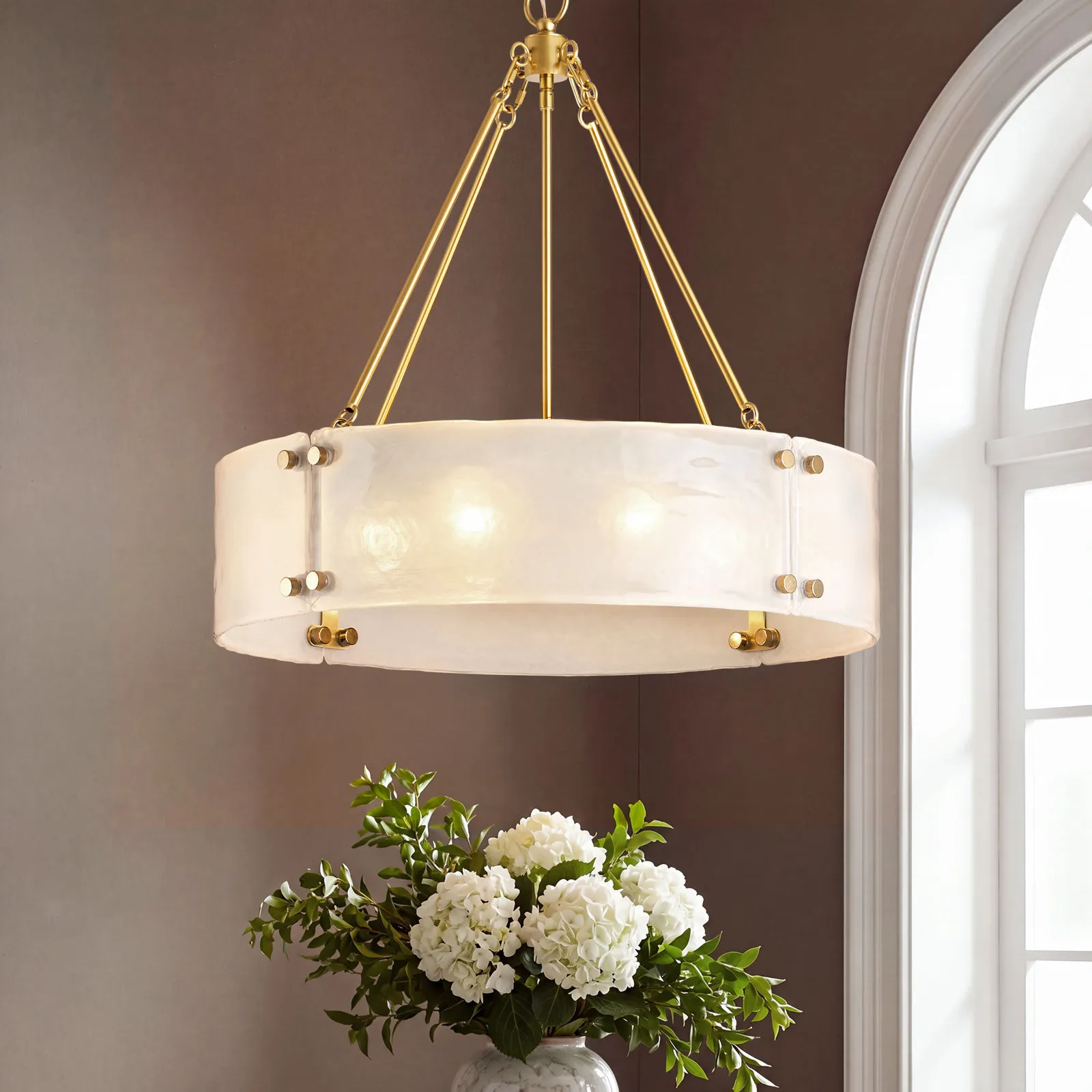 Pearl white glass drum with gold pins and rods