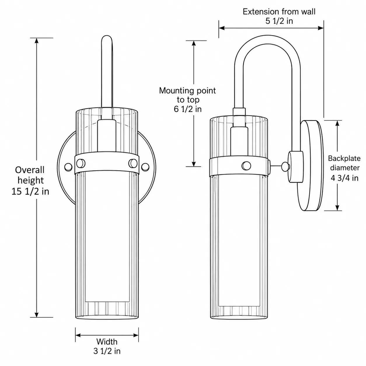 Line drawing with overall height, width, extension, backplate diameter, and mounting point