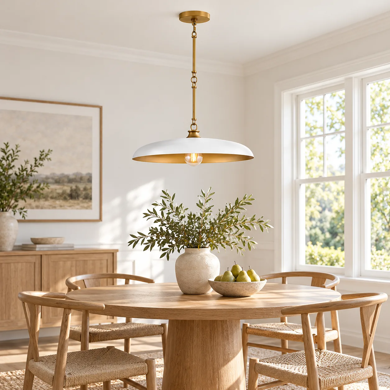 White disc metal pendant above a dining table in daylight