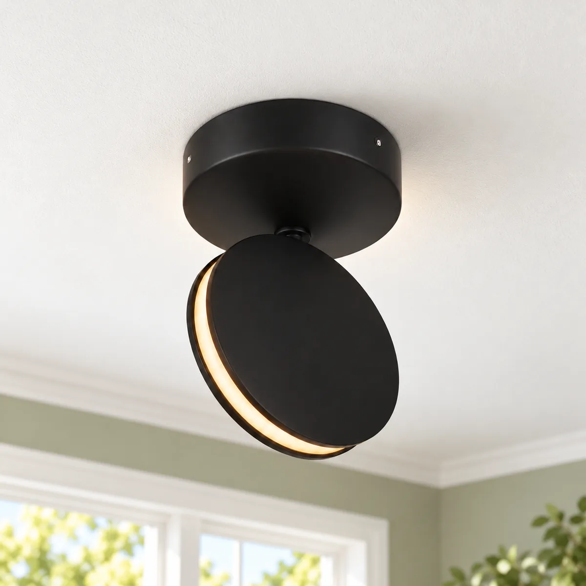Black aluminium disc LED mounted on the ceiling