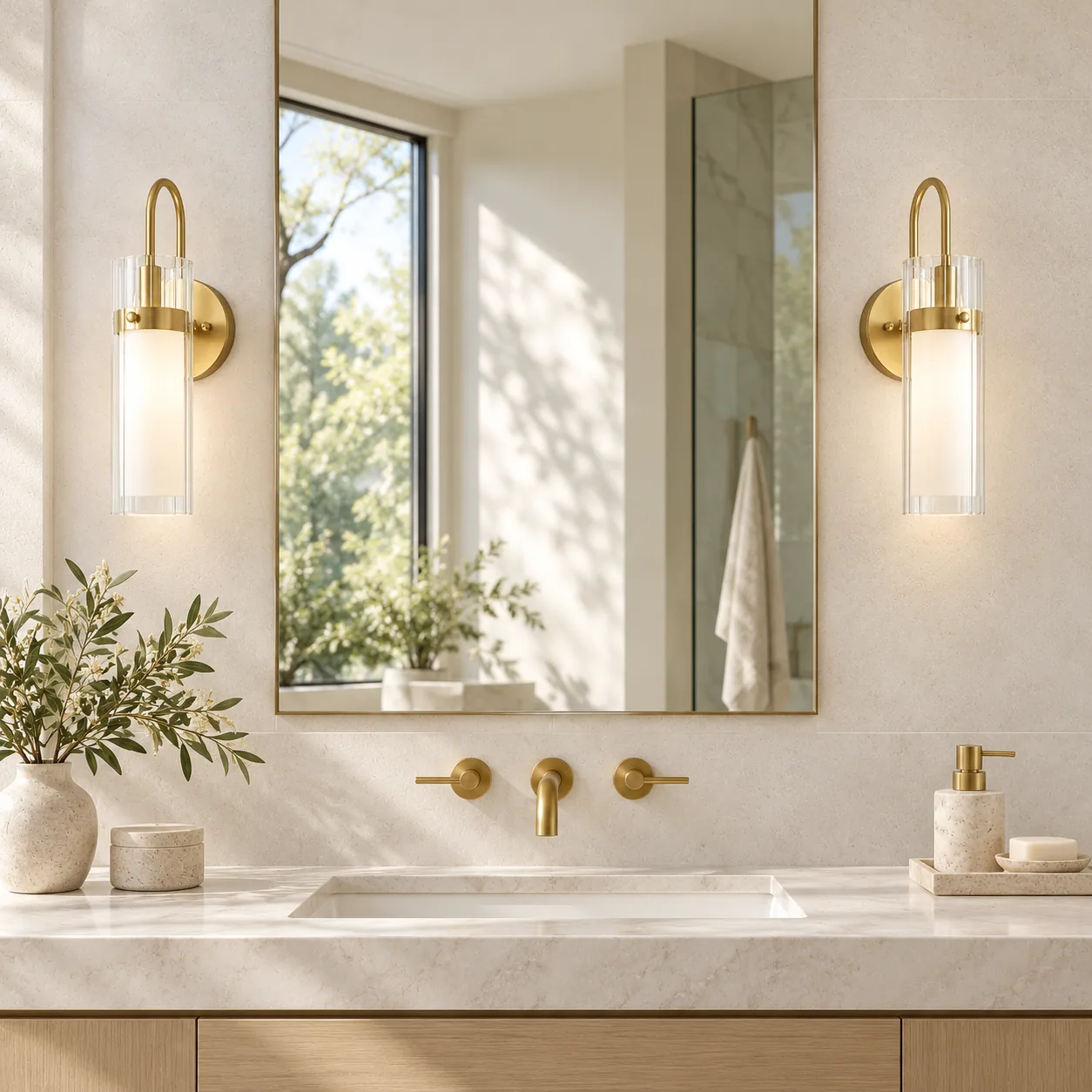 Anara soft gold fluted glass wall sconces on both sides of a bathroom mirror