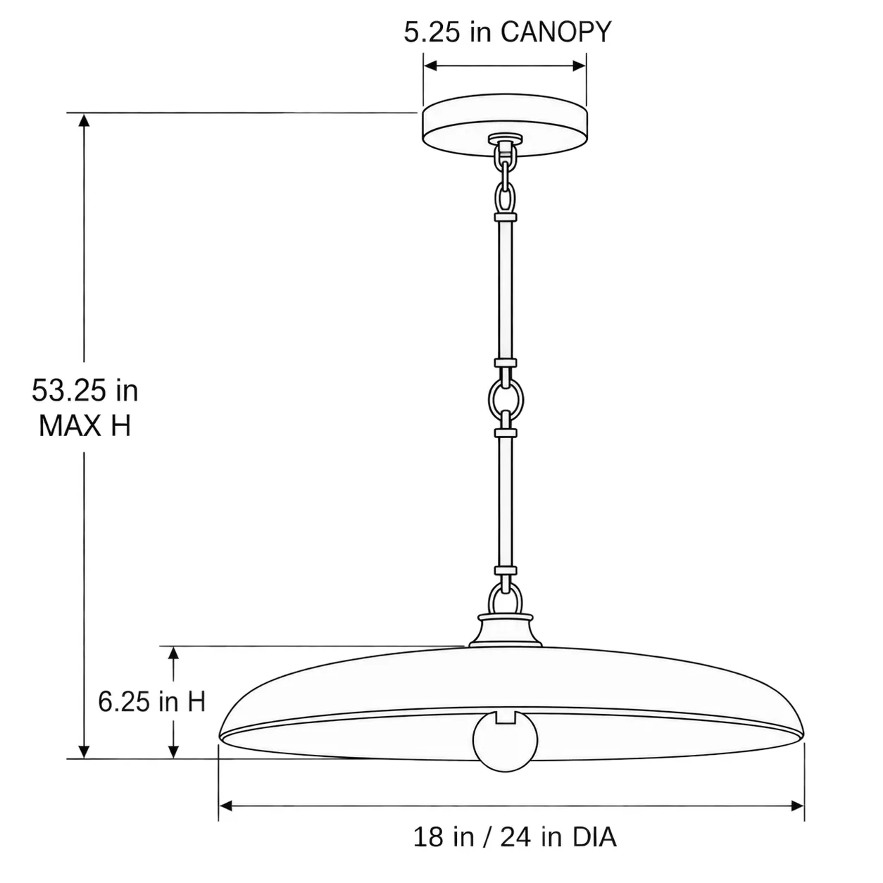 Black line drawing of the disc pendant with canopy, height, diameter, and maximum hanging height