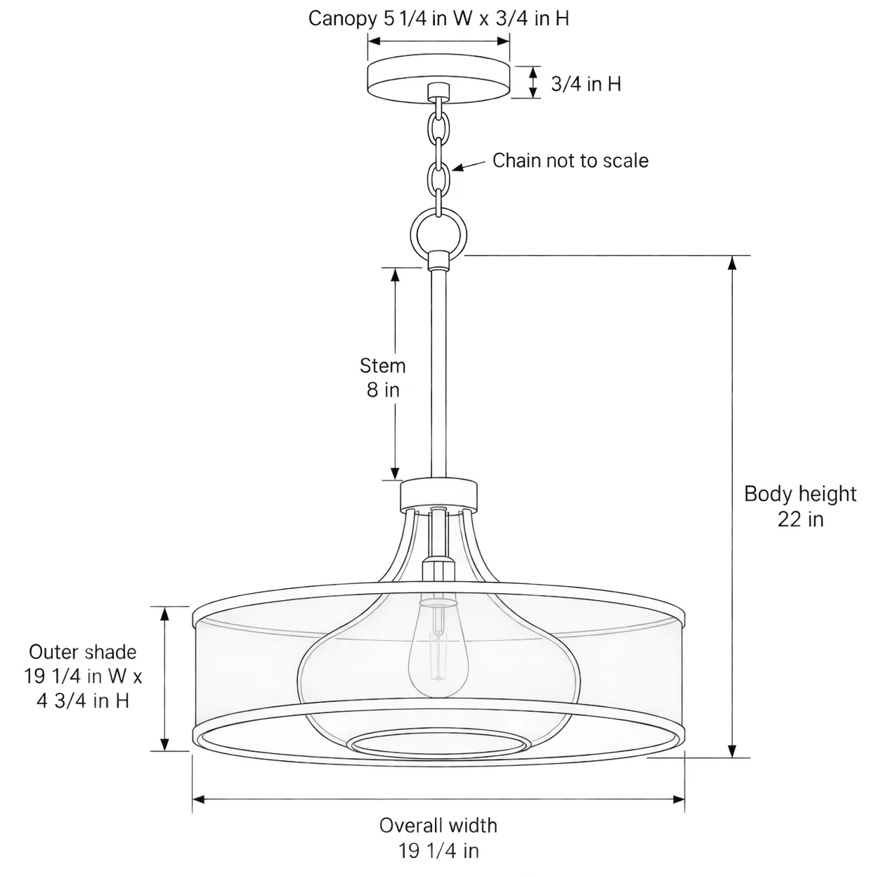 Black line drawing of the drum pendant with body height, width, shade, canopy, and stem