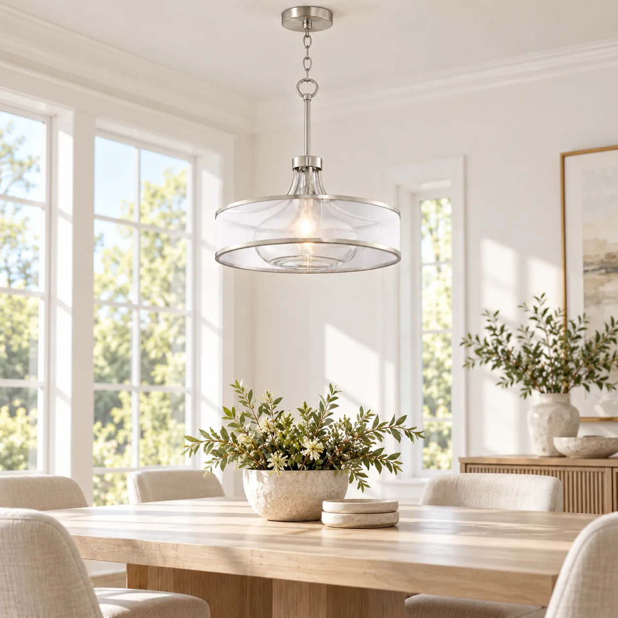 Brushed nickel drum pendant above a dining table in daylight
