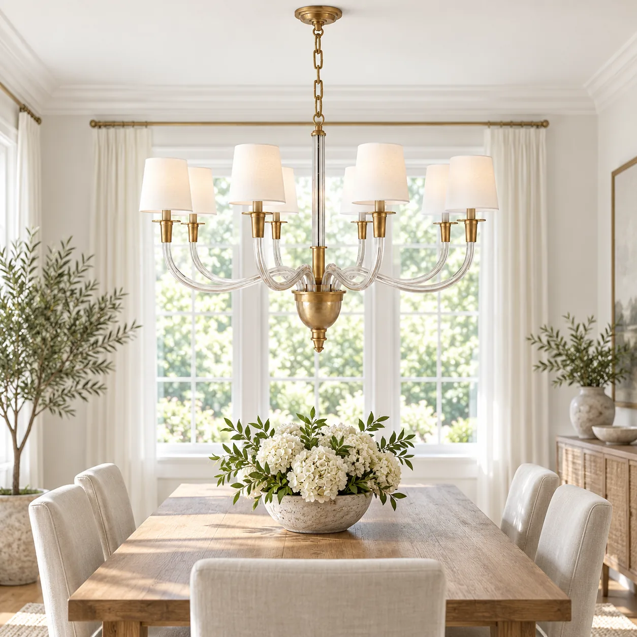 Eight-light crystal linen chandelier above a dining table in daylight