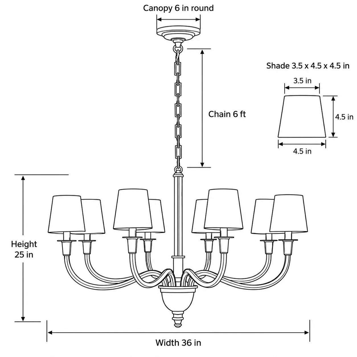 Black line drawing of the one-tier chandelier with width, height, canopy, chain, and shade dimensions