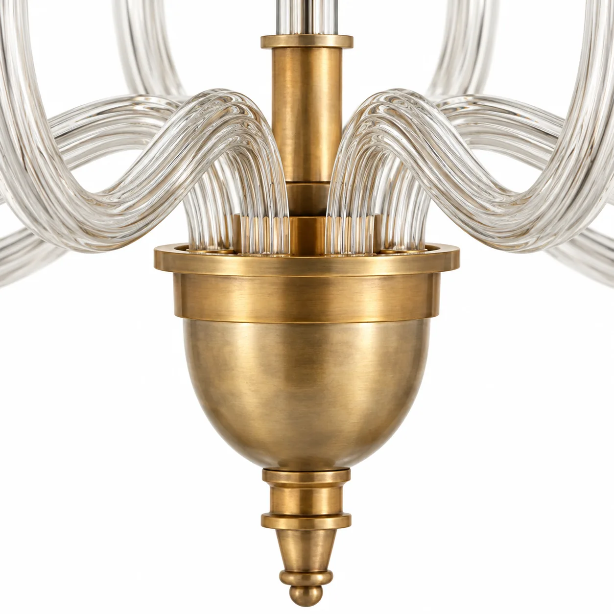 Close view of the antique brass urn and crystal arm junctions